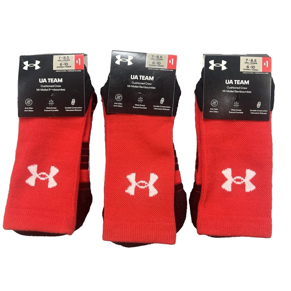 3 Pair Under Armour UA Team Athletic Crew Socks RED Men's Size 7-8.5 Basketball - Picture 1 of 8